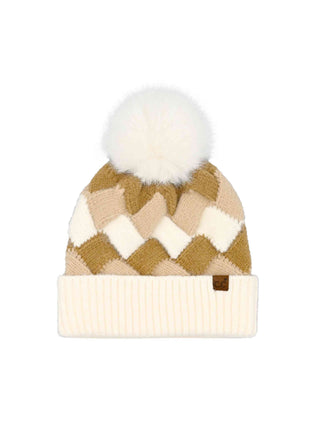 Chunky Weaved Pom Beanie - Beige