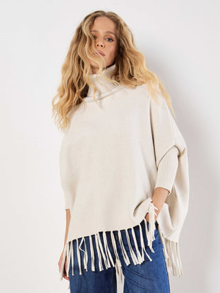 Cream Roll Neck Fringe Sweater