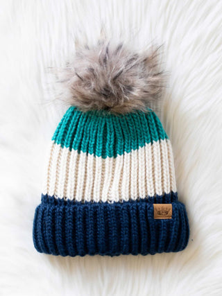 Green, Beige and Navy Pom Hat