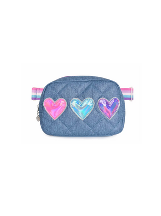 Metallic Heart-Patched Quilted Denim Fanny Pack