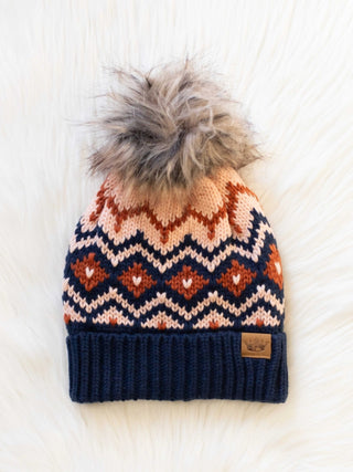 Navy, Rust and Pink Pom Hat