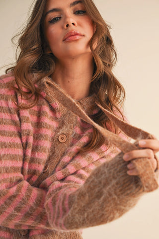 Taupe Mauve Striped Hoodie Cardigan